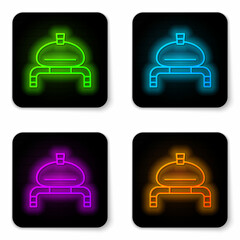 Poster - Glowing neon line Bread and salt on towel icon isolated on white background. National food loaf. Traditional ukrainian wedding bread. Black square button. Vector