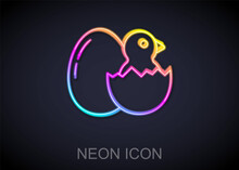 Glowing Neon Line Little Chick In Cracked Egg Icon Isolated On Black Background. Vector