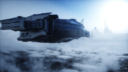Wall Mural - futuristic ship landing on alien planet. mars surface. 3d rendering.