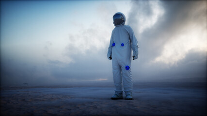 Wall Mural - Lonely astronaut in futuristic apocalyptic city. 3d rendering.