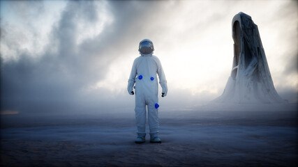 Wall Mural - Lonely astronaut in futuristic apocalyptic city. 3d rendering.