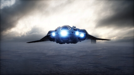 Wall Mural - futuristic ship landing in apocalyptic desert. 3d rendering.