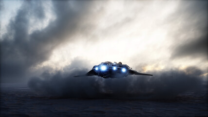 Wall Mural - futuristic ship landing in apocalyptic desert. 3d rendering.