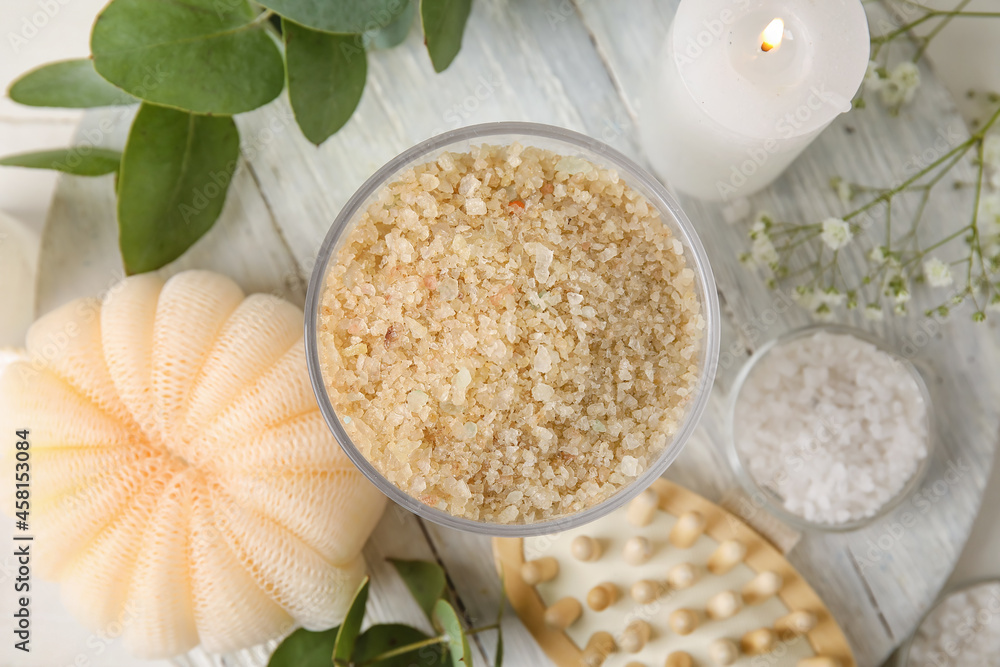 Beautiful spa composition on light wooden background, closeup