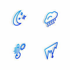 Poster - Set Isometric line Cloud with rain, Moon and stars, Meteorology thermometer and Icicle icon. Vector