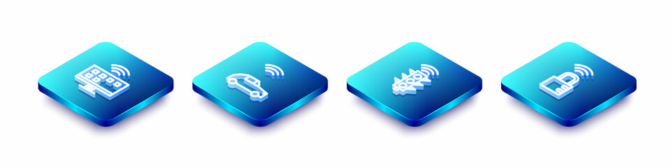 Sticker - Set Isometric line Smart Tv system, car with wireless, traffic light and safe combination lock icon. Vector