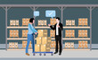 Workers loading things on the Warehouse Concept on a smart logistics background.
Illustration in eps10 format with a flat vector and solid color style. 