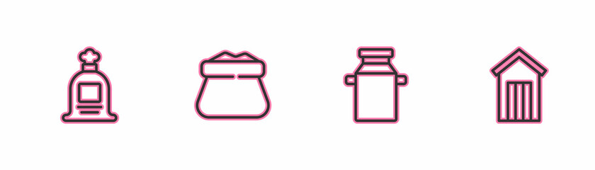 Sticker - Set line Full sack, Can container for milk, and Wooden outdoor toilet icon. Vector