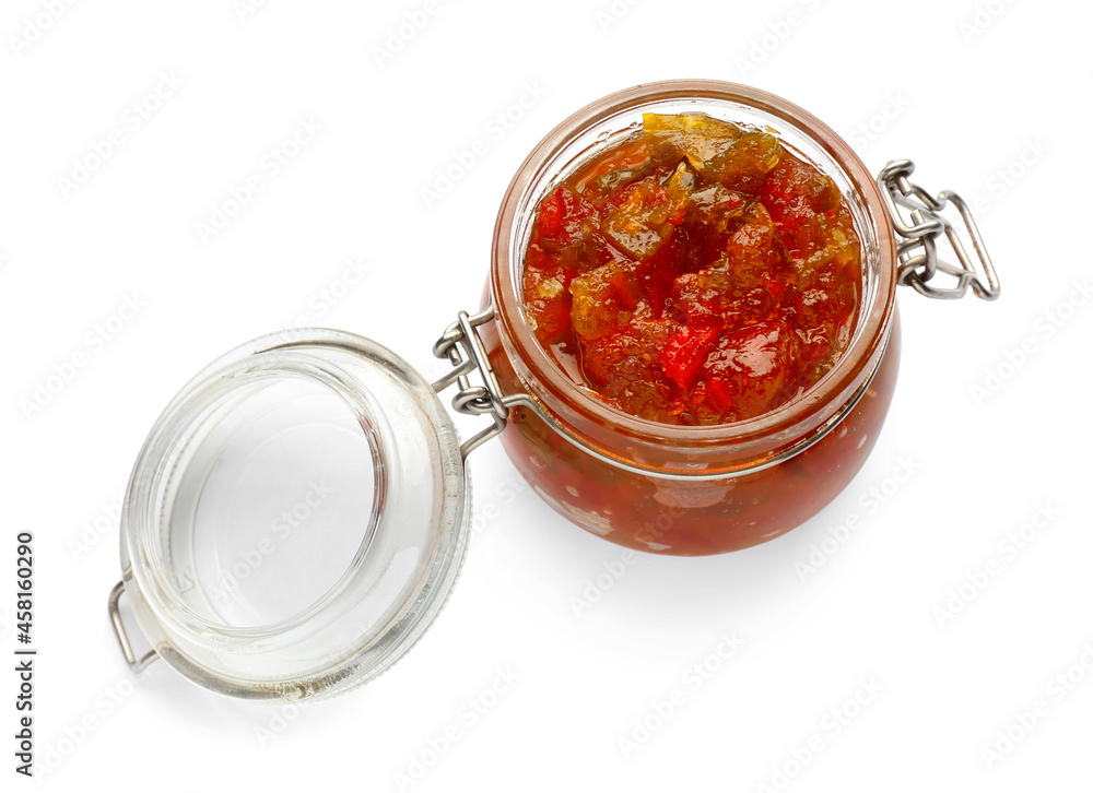Jar with delicious jalapeno jam on white background