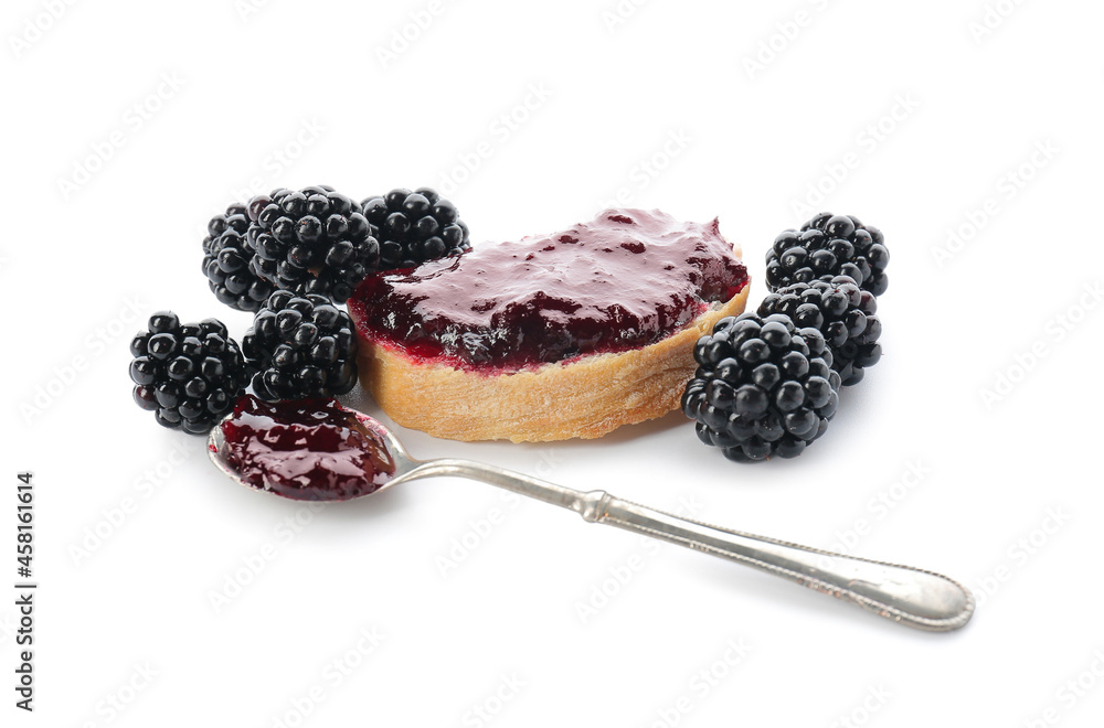 Tasty sandwich with blackberry jam and berries on white background