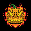 Illustration design of halloween pumpkin character with neon fire flame in black background. Good for logo, background, tshirt, banner