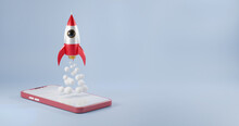 Smartphone Golden Model Mock Up Red Color With Rocket Spaceship Launching From Mobile Phone, Business Startup Success Idea Concept, 3D Rendering Illustration