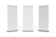 © 3DZoneZA - Roll up banner exhibition display pullup banner signage isolated on white background, 3 views, 850x2000 standard size. Isolated on white background with aluminum base. , 3d render illustration.