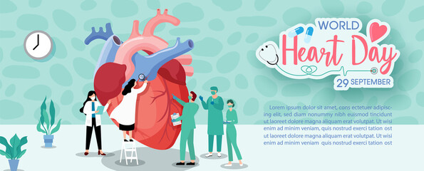 Concept of world heart day poster campaign in cartoon character treatment and health care awareness and flat design at 29 September.