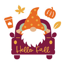 Cute Gnome On A Truck With Fall Elements Including Autumn Leaves, Pumpkin, And Pumpkin Spice Coffee Vector Illustration.
