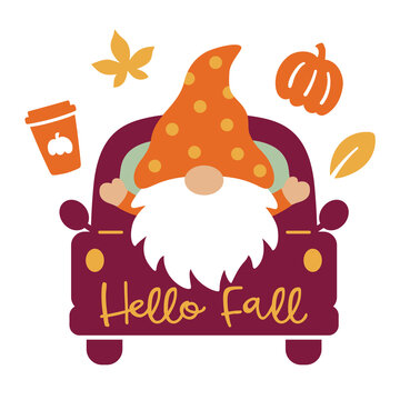 Fototapete - Cute gnome on a truck with fall elements including autumn leaves, pumpkin, and pumpkin spice coffee vector illustration.
