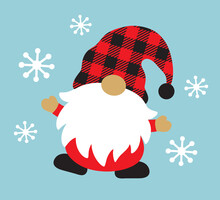 Christmas Holiday Gnome With Red Plaid Pattern Hat And Winter Snow Vector Illustration.