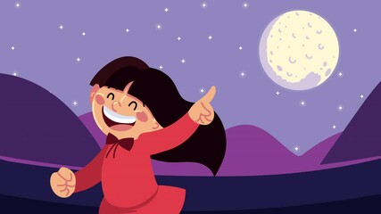 Sticker - cute asian girl jumping in the camp at night scene