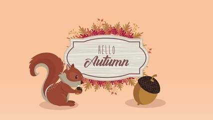 Sticker - hello autumn lettering with chipmunk and acorn