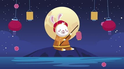 Sticker - mid autumn animation with rabbit fishing and lamps