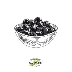 Bowl with beautiful black olives, hand drawn retro vector illustration.