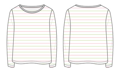 Wall Mural - Long sleeve t shirt with all over colorful stripe technical fashion flat sketch vector illustration template for ladies and baby girls. Apparel design Mock up. Ladies Unisex tops CAD. Easy editable
