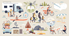 Travel And Adventure With Transportation Elements Tiny Person Collection Set. Tourist Recreation Location And Vacation Type Items With Campfire, Roadtrip And Family Tour Mini Scene Vector Illustration