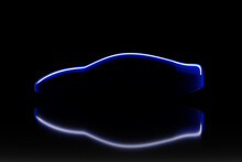 3d Illustration Of The Outline Of A Blue Racing Car With Reflections On A Black Background