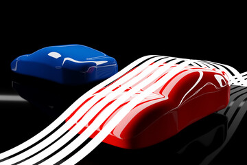 3d illustration of the outlines of two blue and red racing cars with reflections on a black background