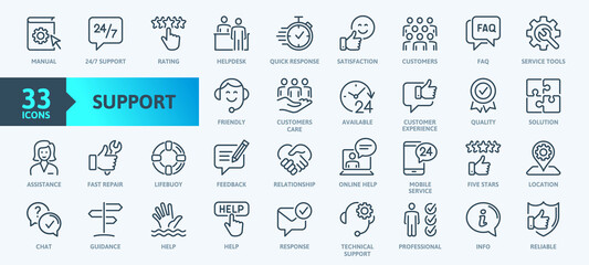 customer service and support - outline icon collection. thin line set contains such icons as online 