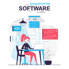 Leinwandbilder - Programming software isolated cartoon concept. Developer writes and optimizes code project, people scene in flat design. Vector illustration for blogging, website, mobile app, promotional materials.