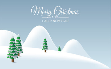 Wall Mural - Winter landscape background, rounded mountains with fir trees under snowfall. Vector illustration for Christmas with copy space. Card and greeting