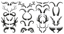 Hunting Wild Animals, Deer, Goat Horns Antlers Silhouettes. Moose, Deer, Ram, Goat, Bison Horns Black Silhouette Vector Illustration Set. Trophy Hoofed Animals Horns