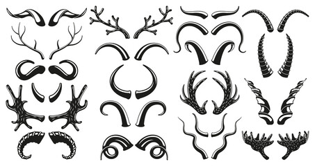 hunting wild animals, deer, goat horns antlers silhouettes. moose, deer, ram, goat, bison horns blac