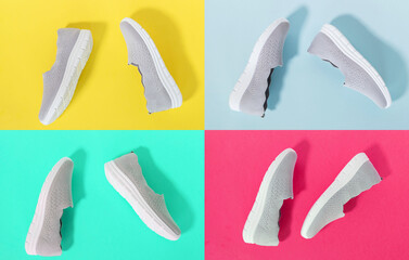  Summer rag gray women's sneakers without heels on a blue, red, green, yellow background. A collage of shoes. The concept of sales and advertising. flatly. From above. summer holidays.