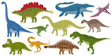 Fototapeta Dinusie - Cartoon dinosaurs, ankylosaurus, brontosaurus, stegosaurus extinct raptors. Pterodactyl and tyrannosaurus jurassic reptiles vector illustration set. Jurassic extinct monsters