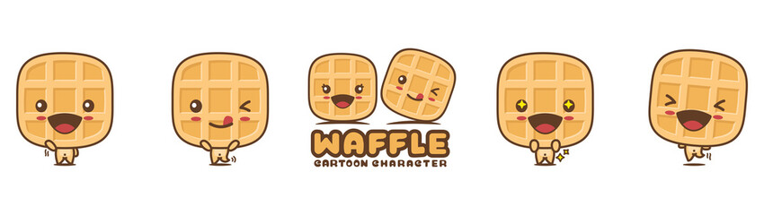 Sticker - cute waffle mascot, snack cartoon illustration, with different facial expressions and poses