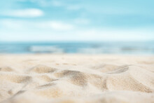 Tropical Summer Sand Beach On Sea Sky Background, Copy Space.