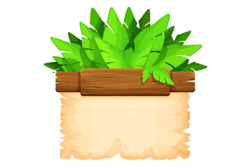 Wall Mural - Wood planks with parchment paper jungle frame in cartoon style isolated on white background. Frame, medieval panel, menu. Empty gui asset, signboard.