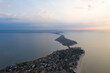 Early autumn dawn. Top view, aerial view, drone, quadcopter. Delta of the Dniester, the junction of the Dniester estuary with the Black Sea, Bottleneck, Zatoka, Odessa, Ukraine.