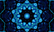 Blue Navy Kaleidoscope Pattern Abstract Background. Circle Pattern. Abstract Fractal Kaleidoscope Background. Abstract Fractal Pattern Geometrical Symmetrical Ornament. Kaleidoscope Blue Pattern
