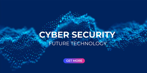Wall Mural - abstract cyber security science conference background with blue particles. flow wave with dot landsc