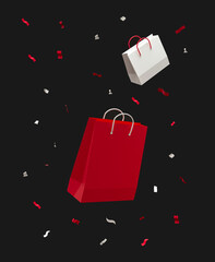 Wall Mural - Black fridays discounts.Shopping bags red and white with sparkle flying in black studio background. Vertical size.