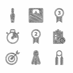 Wall Mural - Set Medal, Badminton shuttlecock, Sport expander, Checklist clipboard tennis ball, Target with arrow, Stopwatch, and Bowling pin icon. Vector