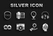 © Kostiantyn - Set Browser setting, Headphones, Support operator touch, Settings the hand, Question Answer, Location with clock, Shield text FAQ and Telephone icon. Vector