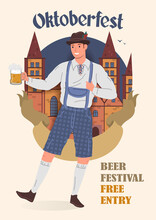 Oktoberfest Beer Festival Vintage Poster. A Man In A Traditional Bavarian National Costume With A Mug Of Beer Against The Backdrop Of City Towers. Flat Vector Illustration. 