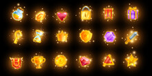 Magic Game Icon Set, Mobile Casino App UI Collection, Golden Reward Trophy Kit, Glowing Crown. Vector Treasure Assets, Inventory Objects, Spark RPG Shield, Award Crown Level Up Prize. Online Game Icon