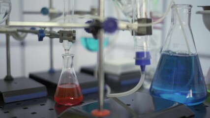 Poster - Chemical laboratory with flasks and test tubes. Chemical process with boiling of a chemical solution and synthesis of organic matter