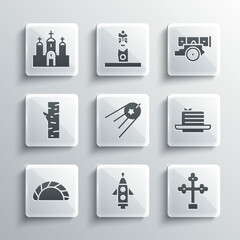 Sticker - Set Rocket ship, Christian cross, Medovik, Satellite, Dumpling, Birch tree, Church building and Cannon icon. Vector