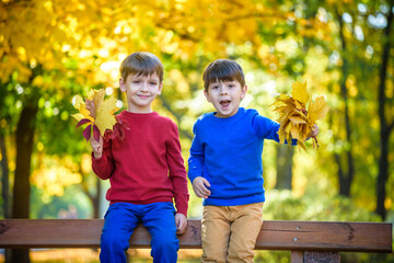 Wall Mural - happy friends, schoolchildren having fun in autumn park among fallen leaves